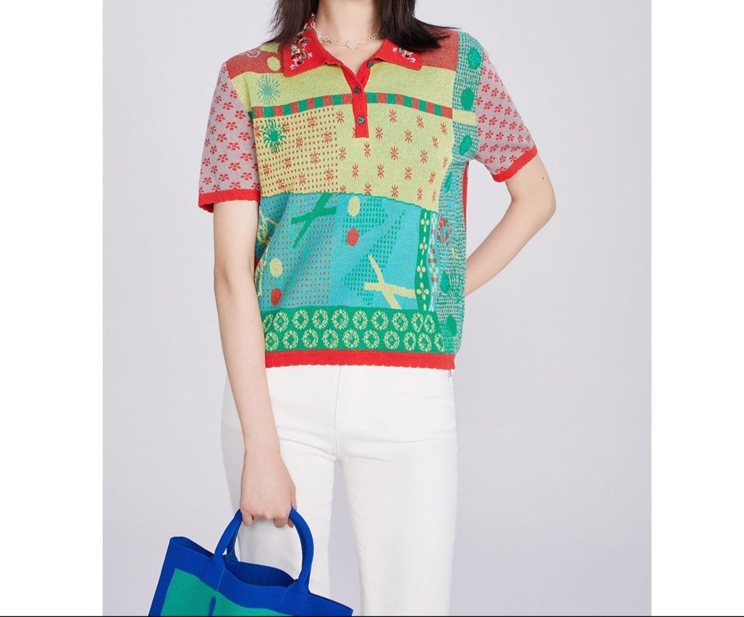 ポロシャツ レディース モザイク柄ニットポロシャツ