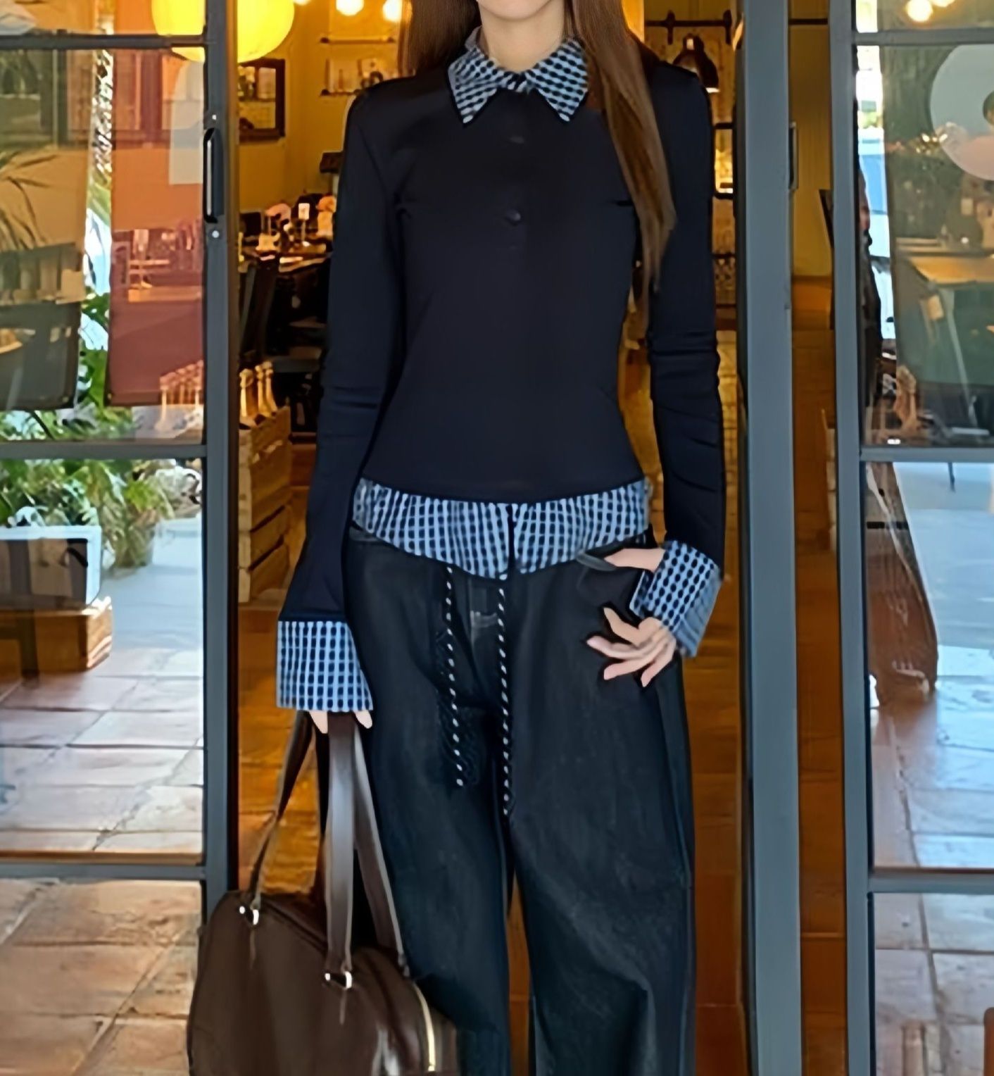 レディース ポロシャツ チェック柄襟切替レイヤード風長袖ポロシャツ