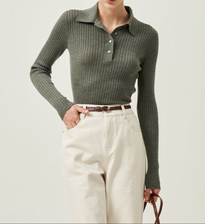 ポロシャツ レディース リブ編み上質ニットポロシャツ