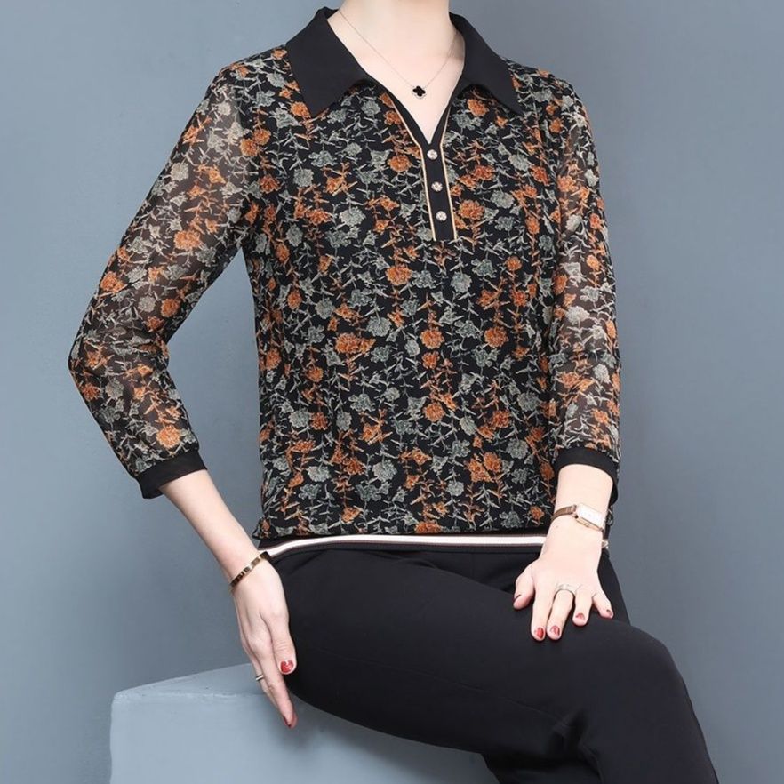 ポロシャツ レディース 花柄シースルー 七分袖ポロシャツ