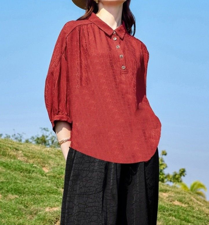 ポロシャツ レディース 上質レトロ風 七分袖ポロシャツ