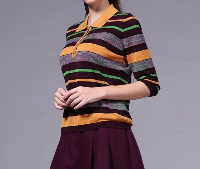 ポロシャツ レディース マルチボーダー七分袖ニットポロ
