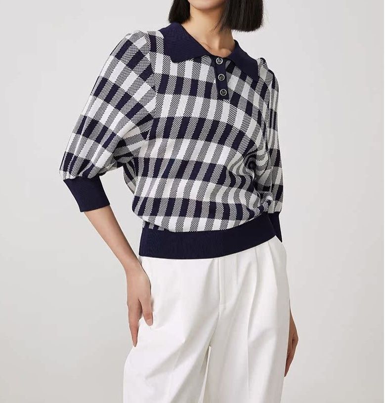 ポロシャツ レディース 格子柄ニット七分袖ポロシャツ