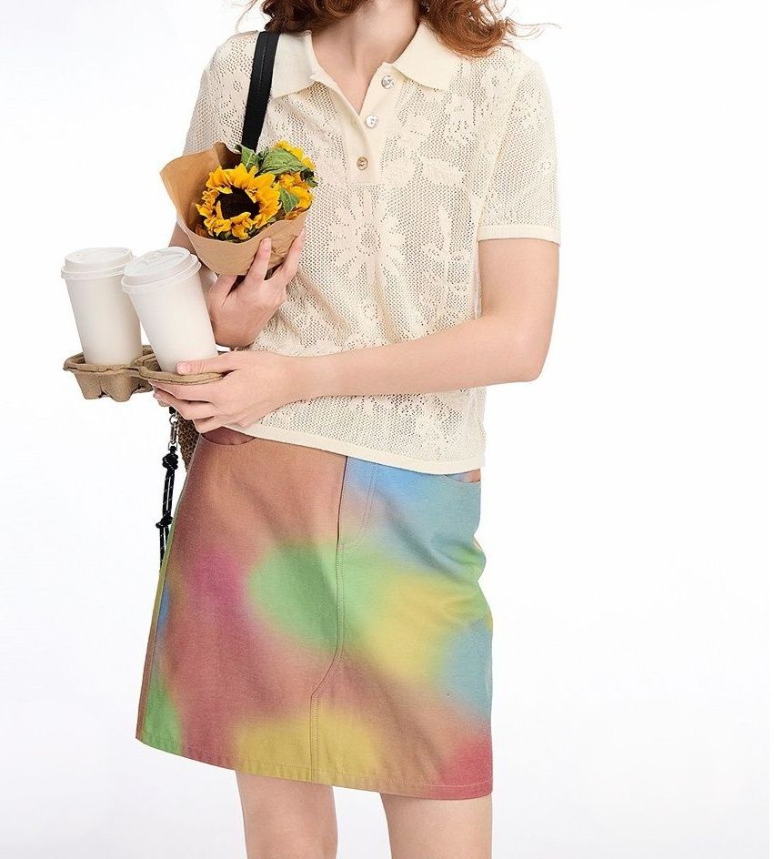 ポロシャツ レディース 透かし編み花柄ニットポロシャツ