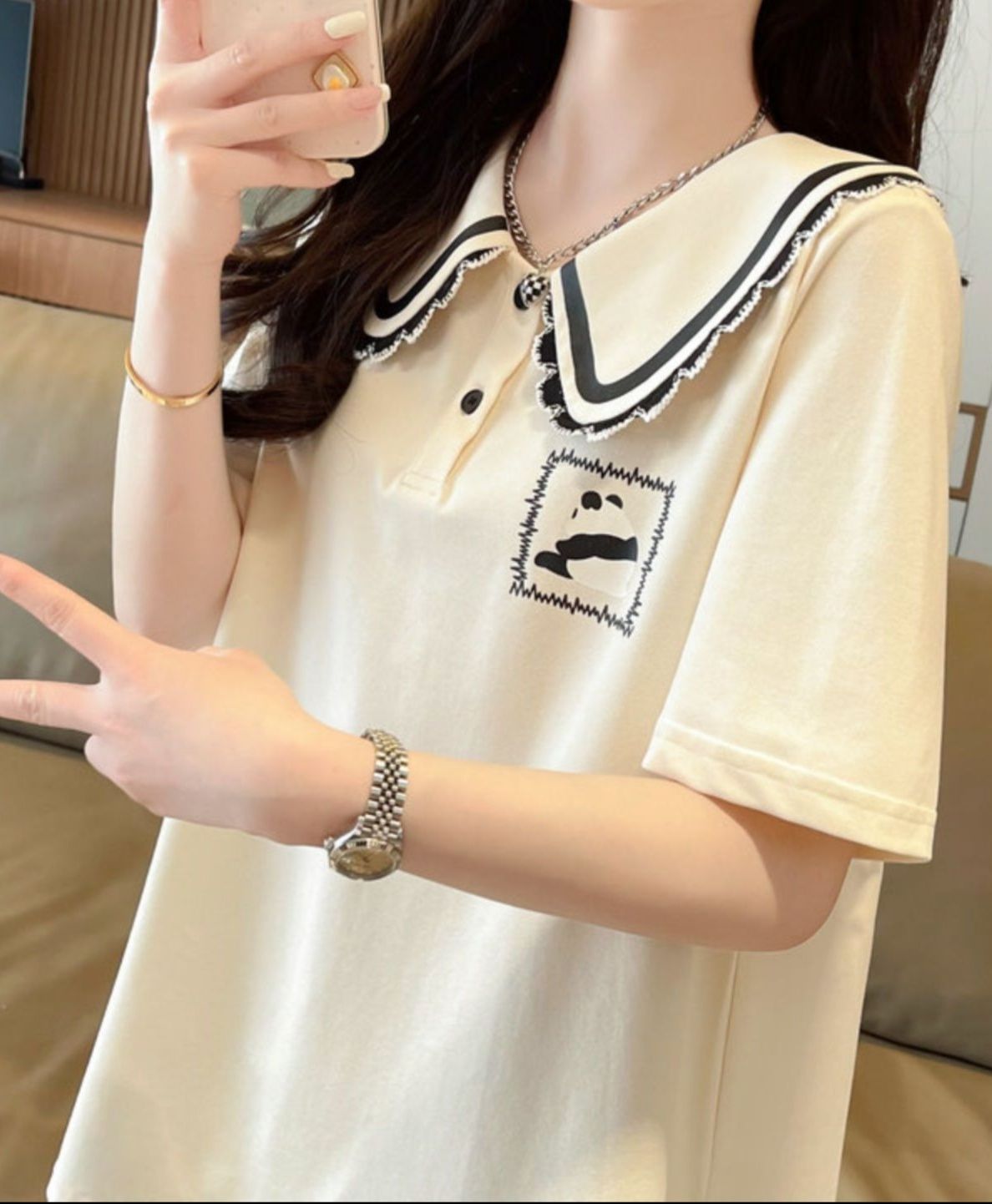 ポロシャツ レディース 大きめ襟フリル動物刺繍ポロシャツ