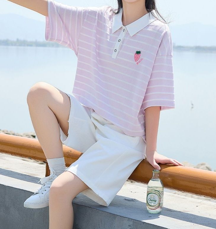 ポロシャツ レディース いちご刺繍ボーダー半袖ポロシャツ