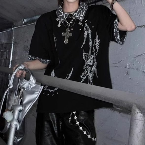 ポロシャツ レディース レディース 半袖 重ね着風 個性派 襟付きトップス