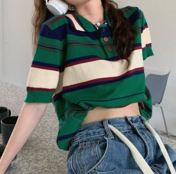 ポロシャツ レディース 春夏新作レディース半袖マルチボーダー柄ポロシャツ