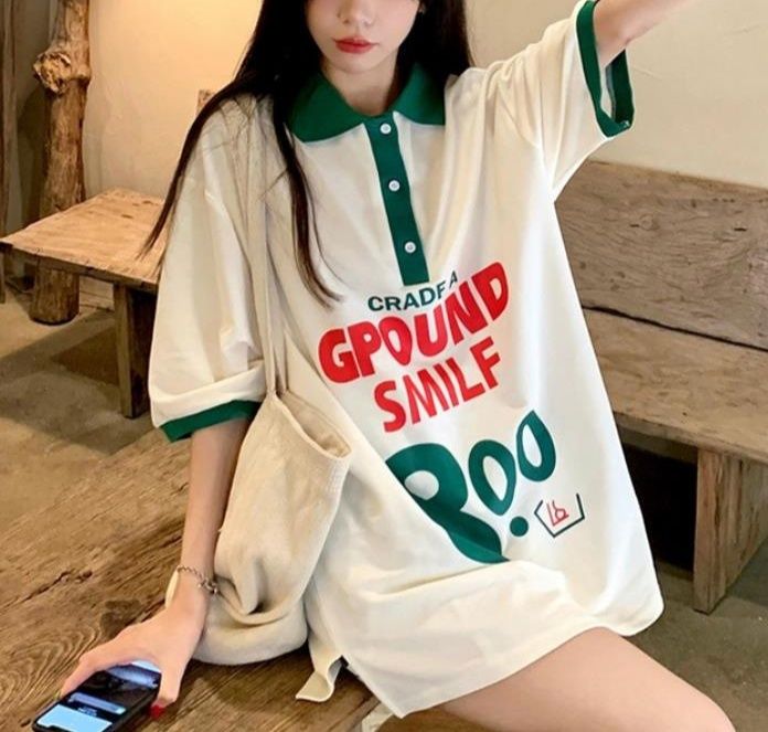 ポロシャツ レディース 春夏新作 レディース 半袖 文字プリント ポロシャツ 白緑