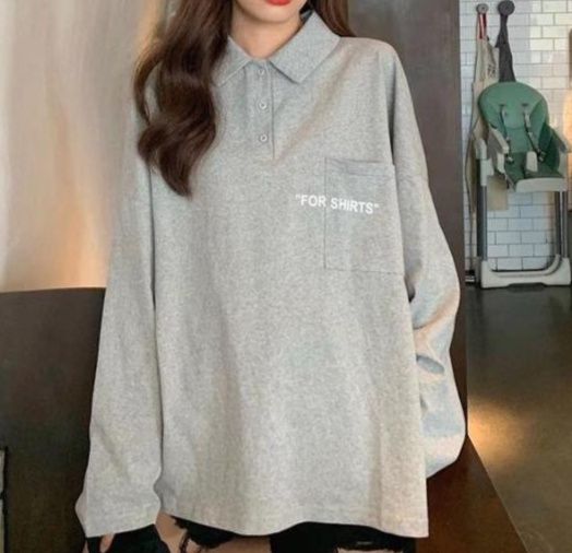 ポロシャツ レディース 春秋新作レディース長袖ポロシャツ グレー ゆったりシルエット