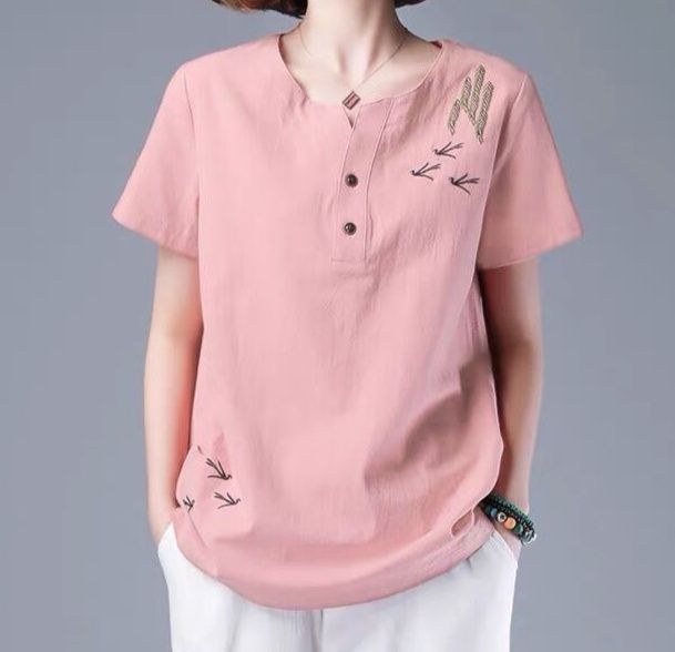 ポロシャツ レディース 小鳥刺繍入り綿麻素材
