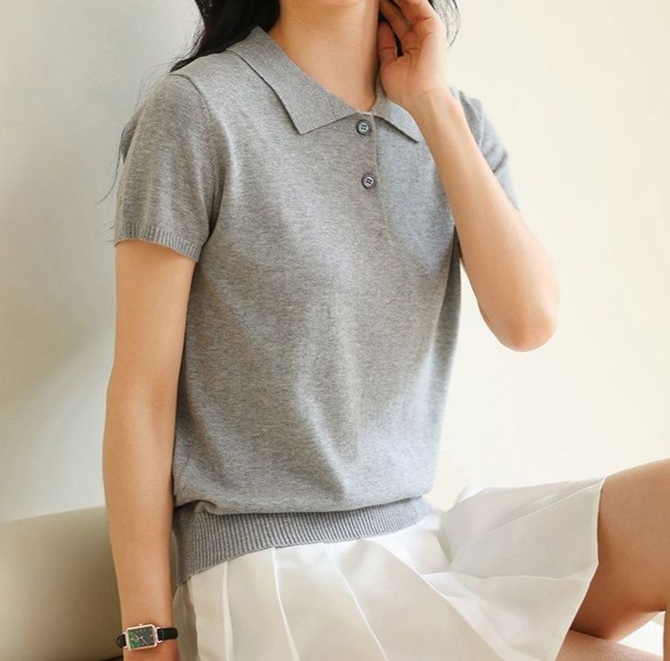 ポロシャツ レディース 上品な編み込み襟付き半袖ニットポロシャツ
