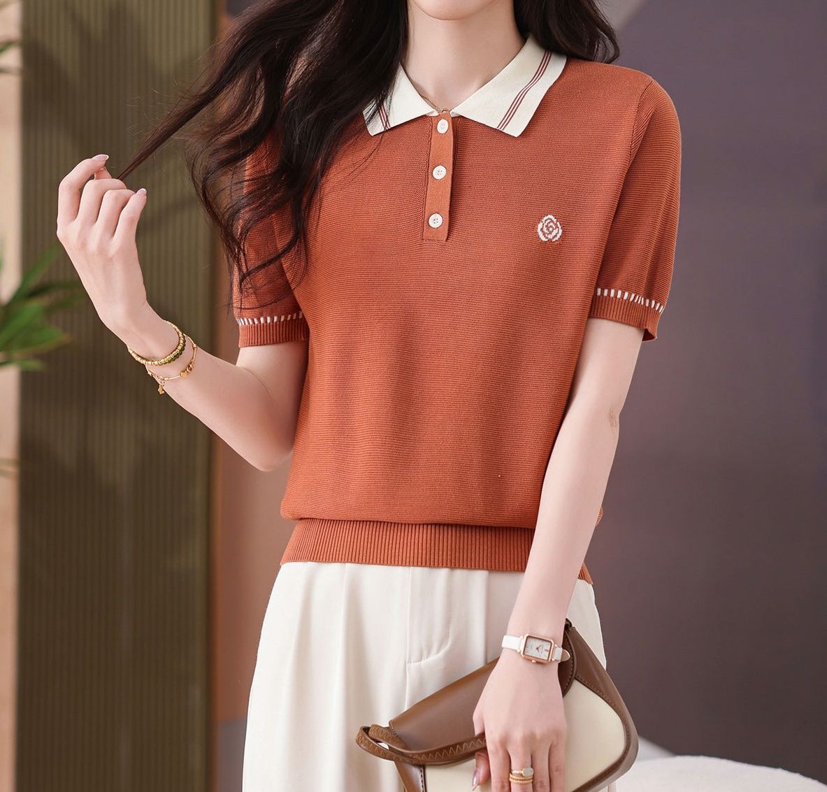 ポロシャツ レディース 配色襟デザイン ニット素材ポロシャツ