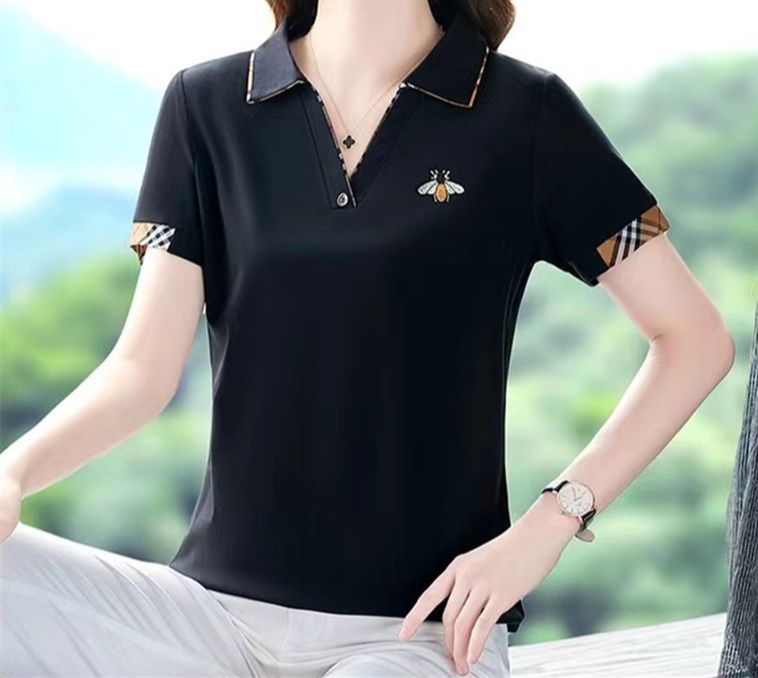 ポロシャツ レディース 蜂刺繍チェック柄袖口上品ポロシャツ