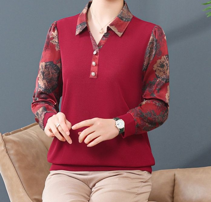 レディース ポロシャツ 花柄切替袖の上品なレディース長袖ポロシャツ