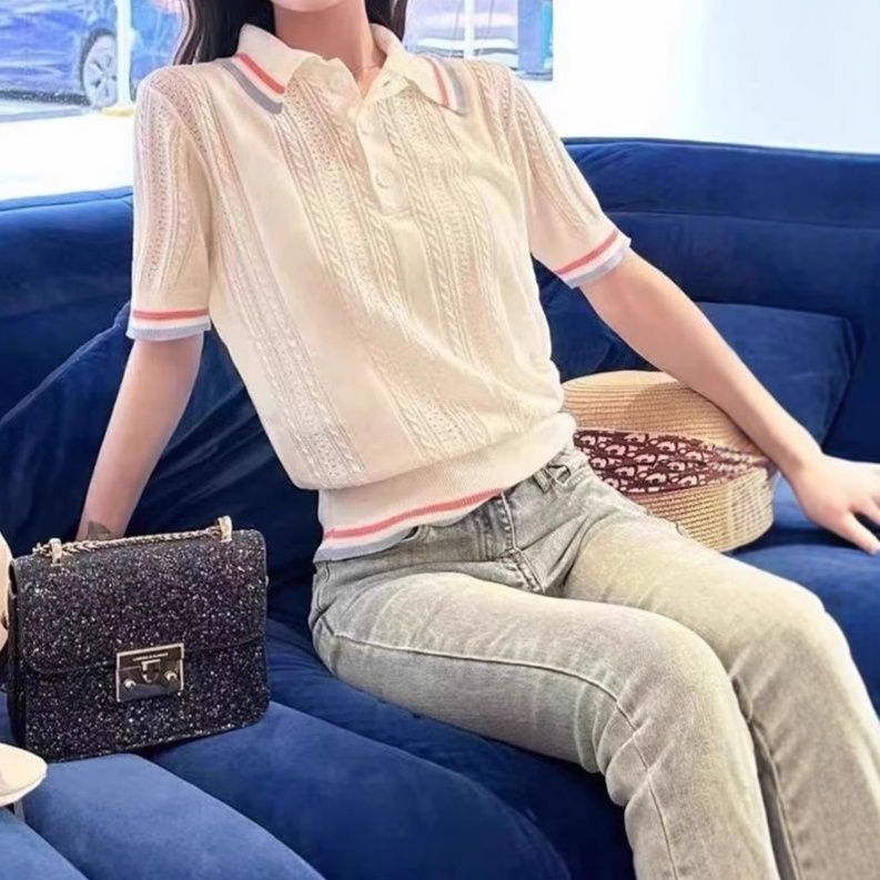 レディース ポロシャツ 配色ライン入りケーブル編みニットポロシャツ