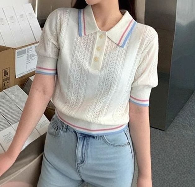 レディース ポロシャツ 透かし編みニットポロシャツ配色ライン入り半袖トップス
