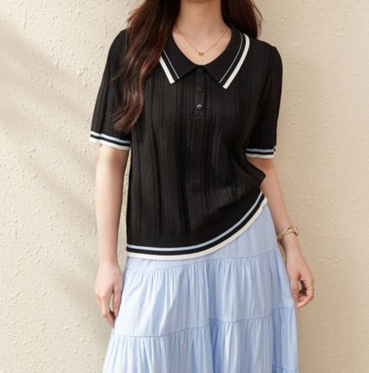 レディース ポロシャツ 配色ラインニットポロシャツ半袖