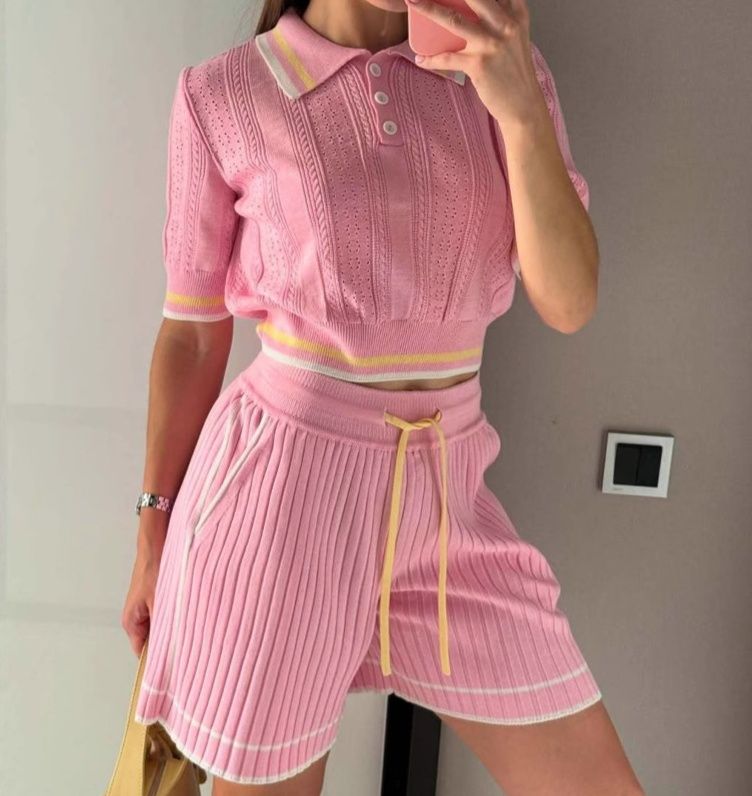 レディース ポロシャツ 透かし編みニットポロシャツセットアップ