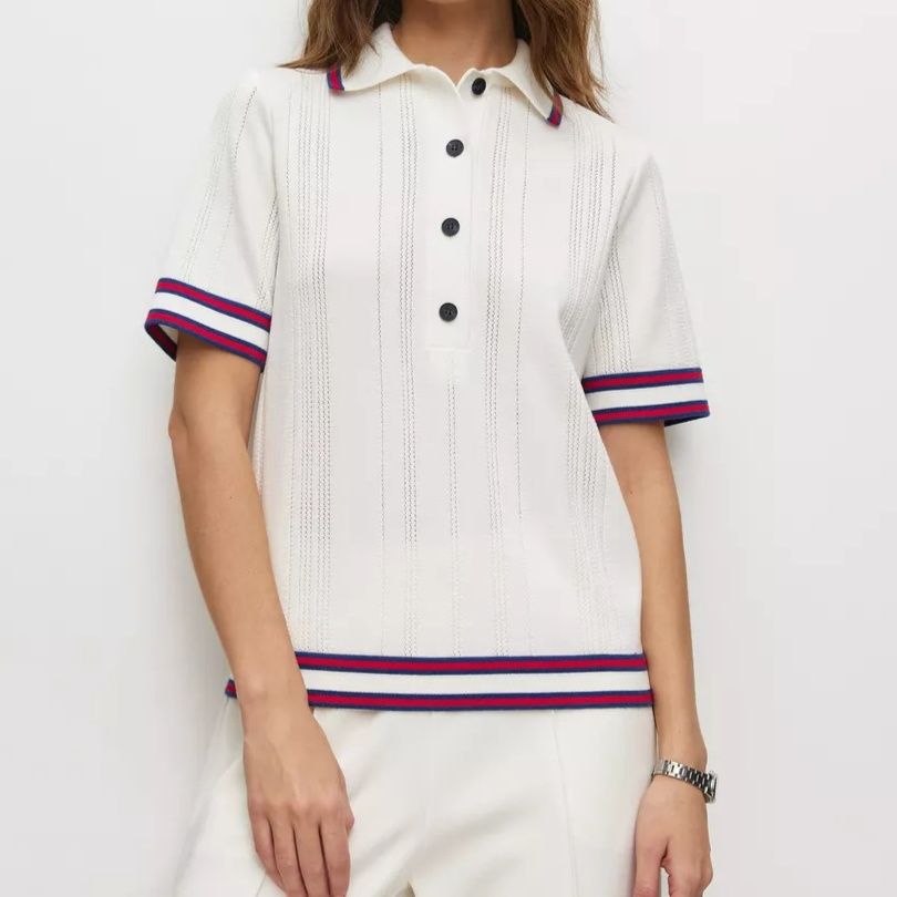 レディース ポロシャツ ニット素材配色ライン入り半袖ポロシャツ
