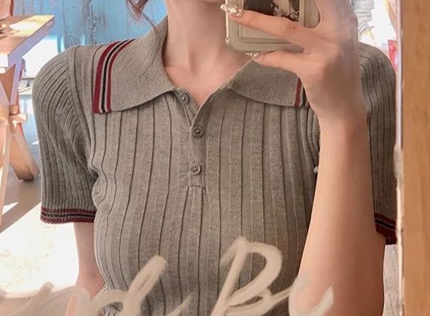 レディース ポロシャツ 配色ライン入りリブ編みニットポロシャツ