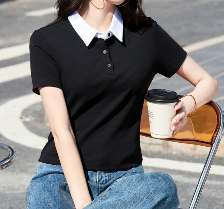 ポロシャツ レディース 配色襟デザイン上品カジュアル半袖ポロシャツ