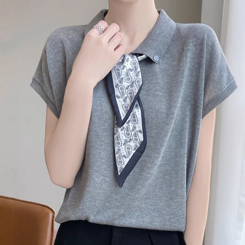 レディース ポロシャツ スカーフ付きニット素材ポロシャツ