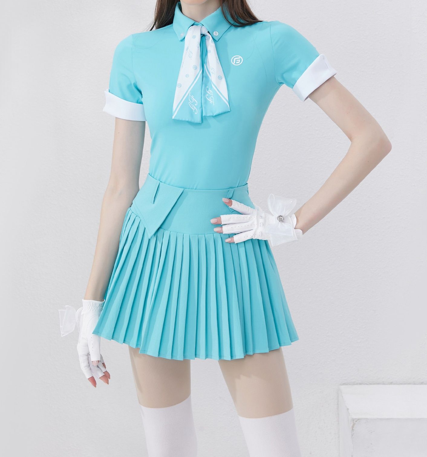 レディース ポロシャツ リボンタイ付き配色パイピング半袖ポロシャツ