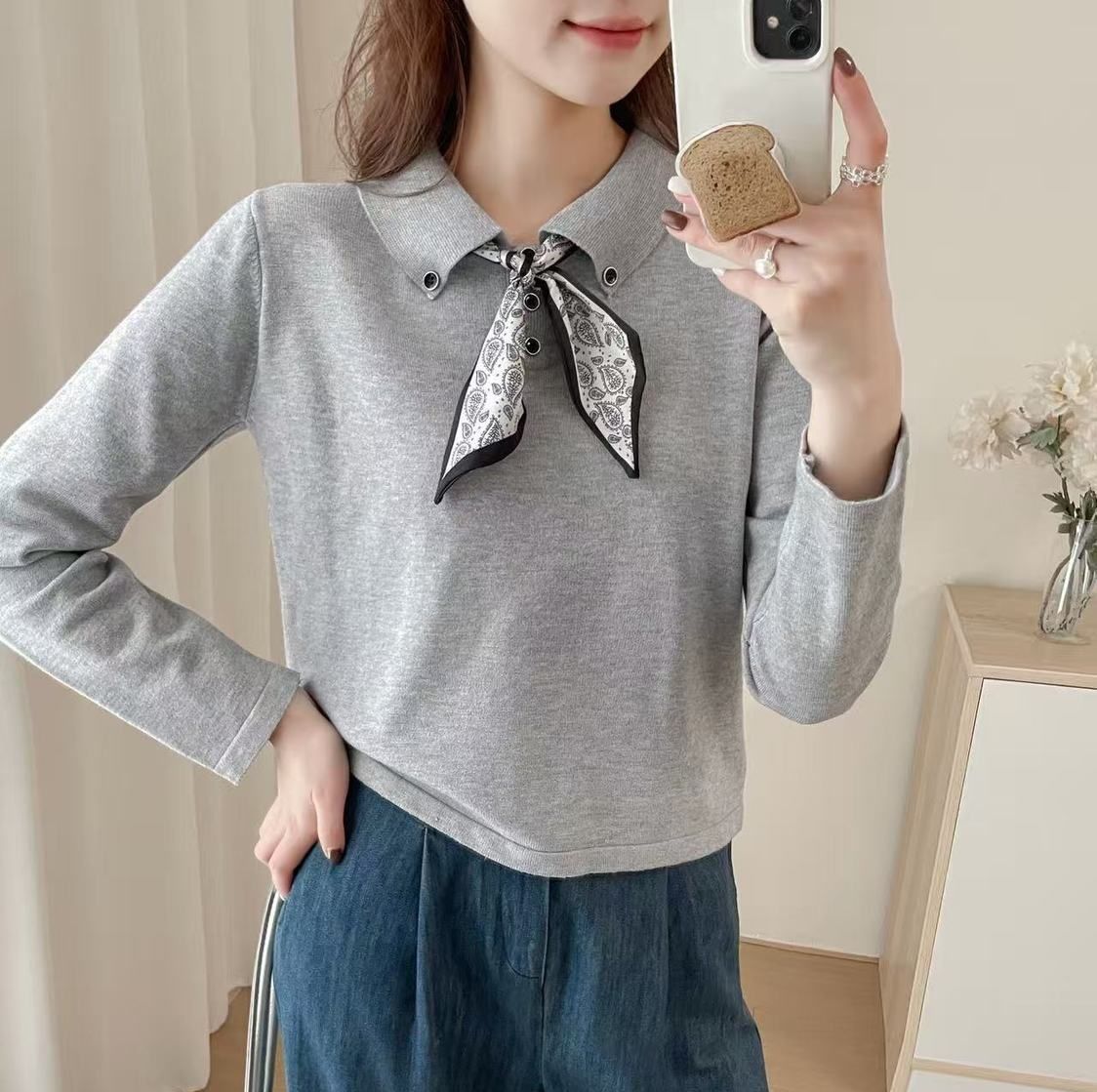 レディース ポロシャツ スカーフ付き襟元上品レディース長袖ポロシャツ