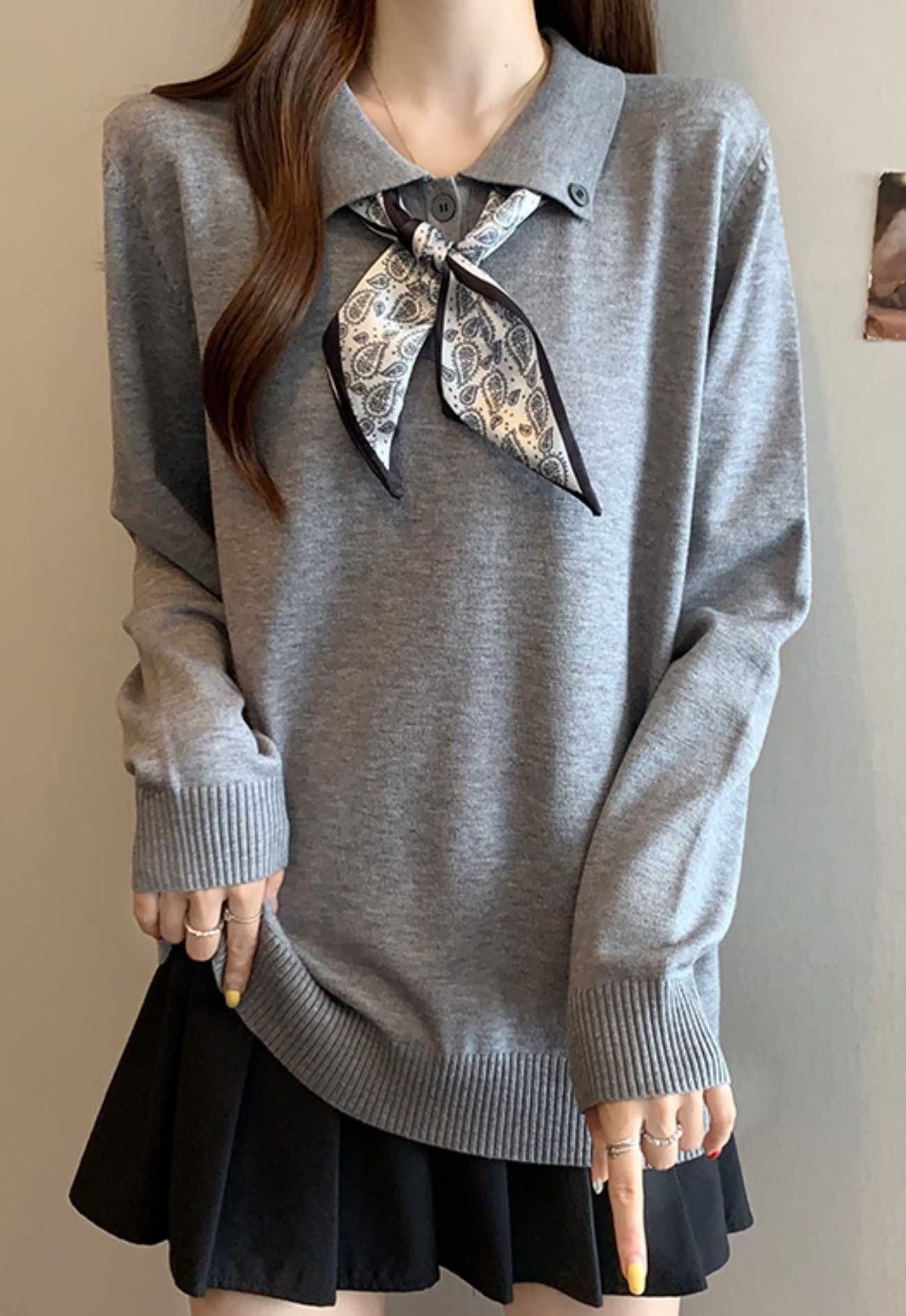 レディース ポロシャツ スカーフ付き襟デザインニット風長袖トップス