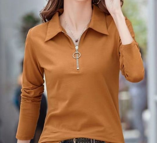 レディース ポロシャツ リング金具付きハーフジップ襟付き長袖トップス