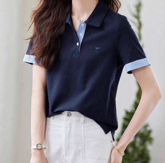 レディース ポロシャツ 襟元ストライプ配色切替半袖ポロシャツ