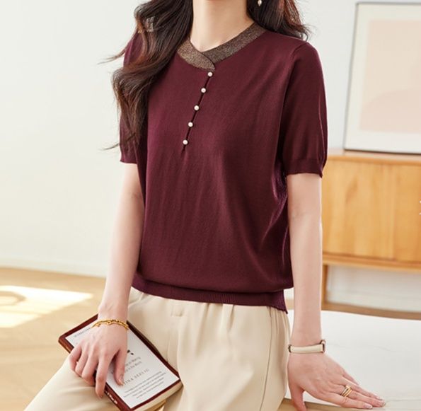 レディース ポロシャツ 上品な襟元装飾付きニット風半袖ポロシャツ