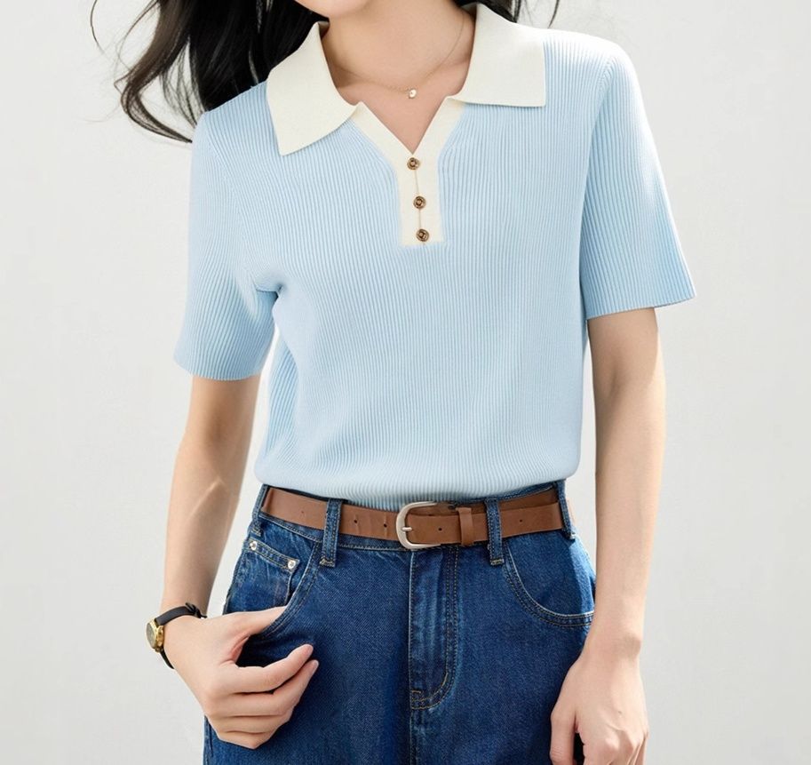 レディース ポロシャツ 配色襟リブニットポロシャツ