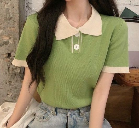 レディース ポロシャツ 配色襟デザイン半袖ニットポロシャツ