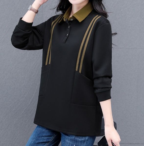 レディース ポロシャツ 配色襟デザイン長袖ポロシャツ