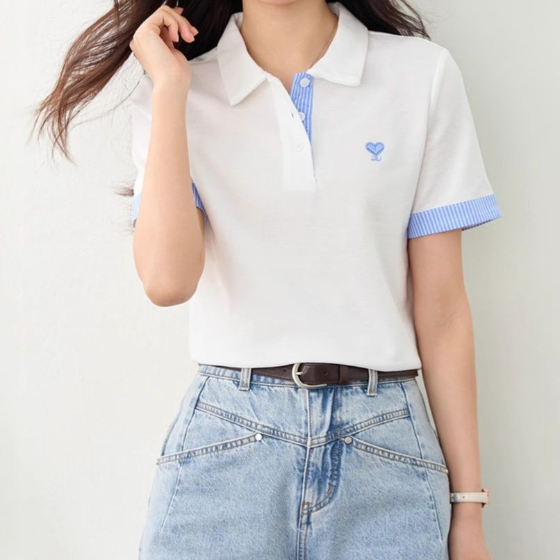 レディース ポロシャツ 配色ハート刺繍入りストライプ袖口半袖ポロシャツ