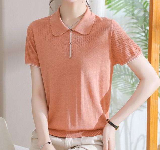 レディース ポロシャツ 丸襟ニット切替レディースポロシャツ半袖
