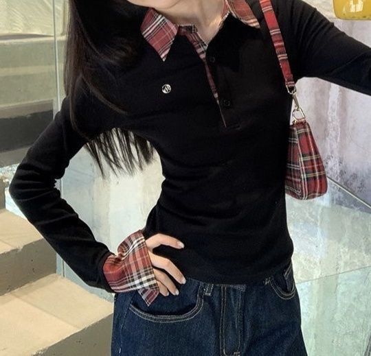 レディース ポロシャツ チェック柄切り替えデザイン長袖ポロシャツ