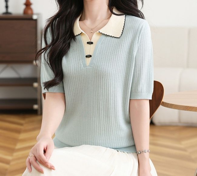 レディース ポロシャツ 配色襟リブニット素材半袖ポロシャツ