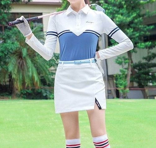 レディース ポロシャツ 配色切替デザイン襟付き長袖ゴルフウェア