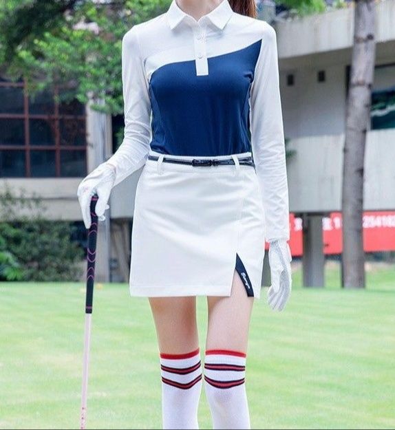 レディース ポロシャツ 配色切替デザイン長袖ゴルフポロシャツ