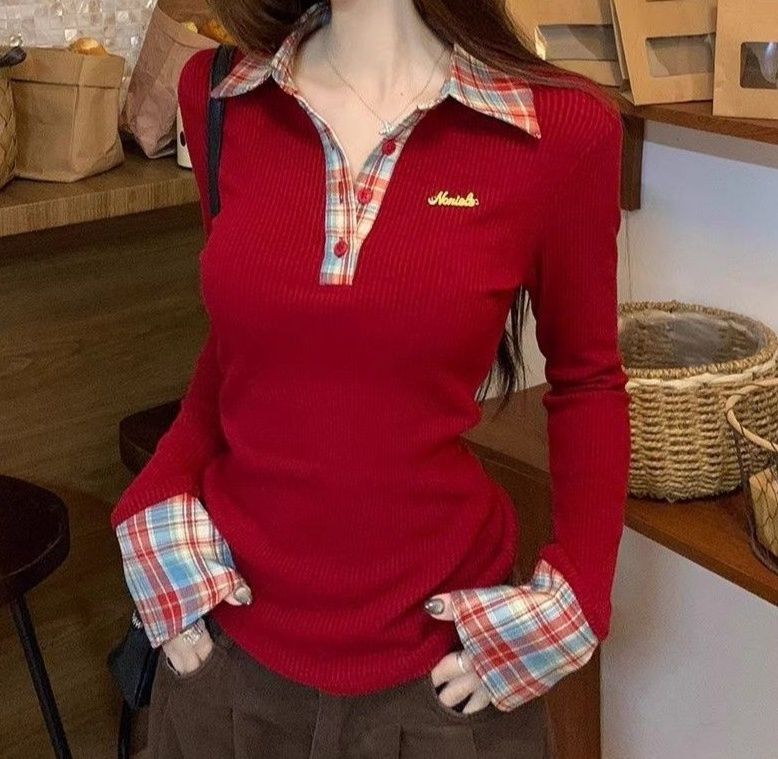 レディース ポロシャツ チェック柄切替リブニットポロシャツ長袖