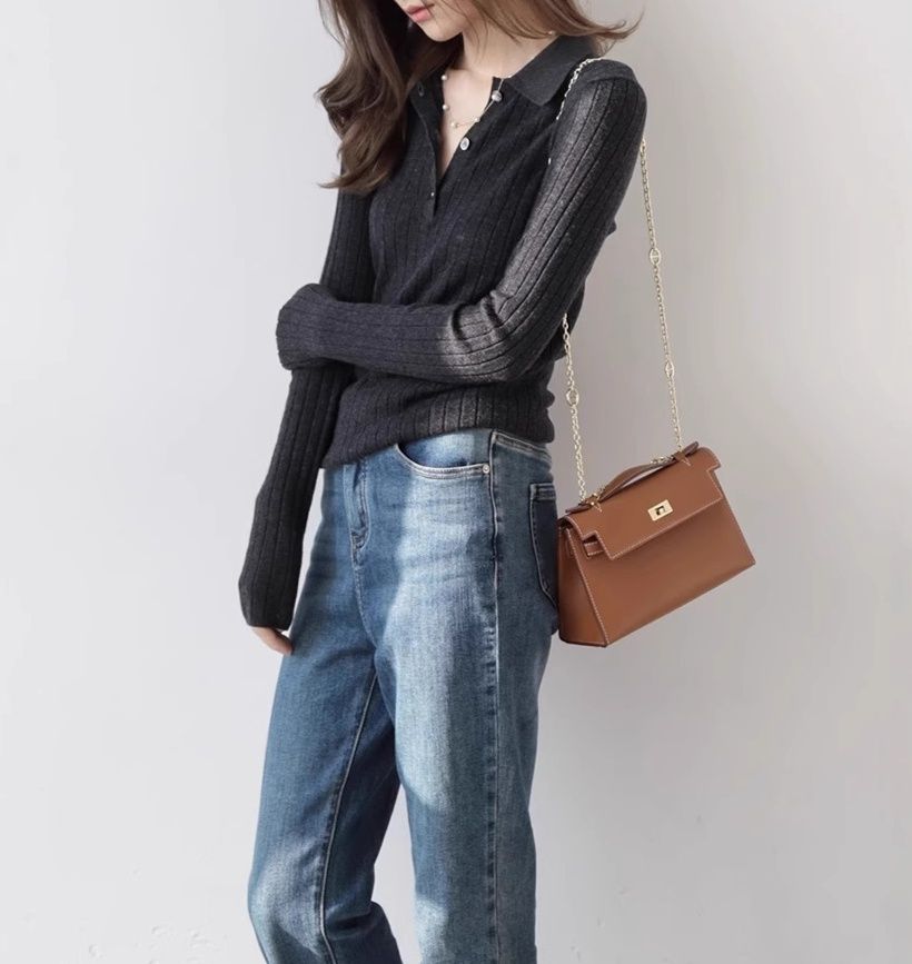 レディース ポロシャツ 縦リブ編み襟付き長袖ニットポロ