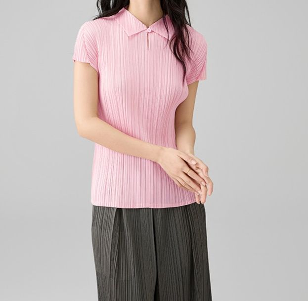 レディース ポロシャツ 縦プリーツ加工エレガント襟付きトップス
