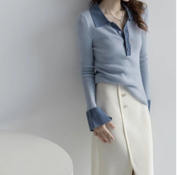 レディース ポロシャツ 配色切替デザイン襟付きニットポロシャツ長袖