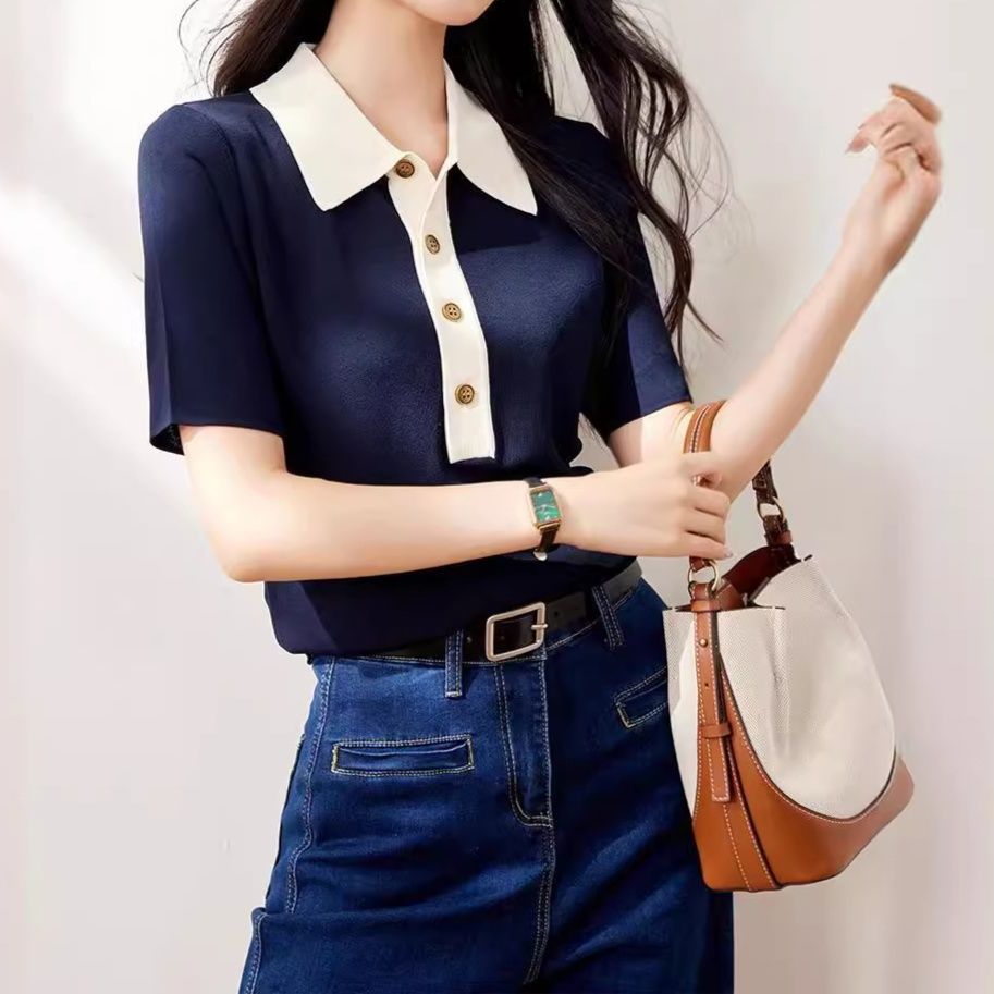 レディース ポロシャツ 配色襟デザイン半袖ポロシャツ