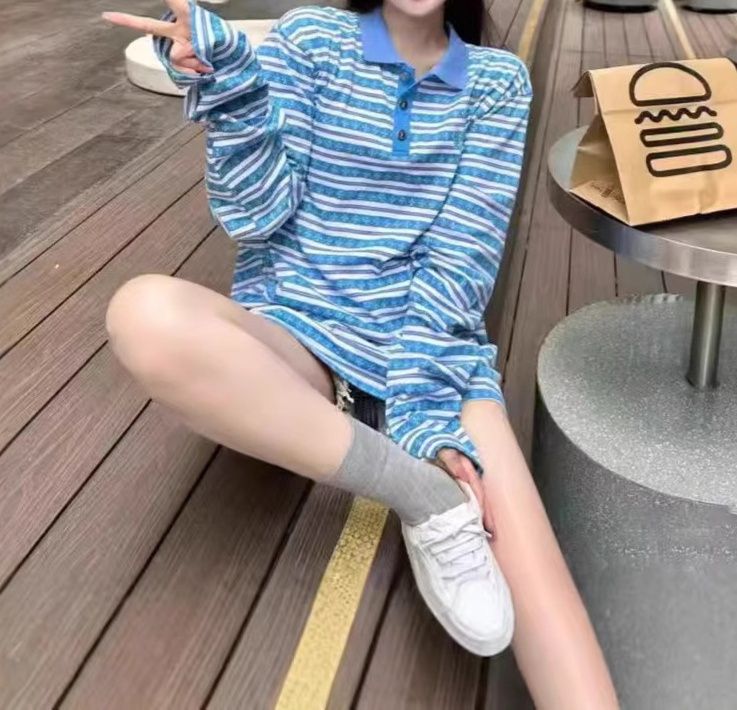 レディース ポロシャツ マルチボーダー柄長袖ポロシャツ