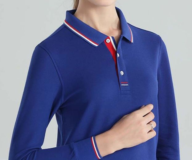 レディース ポロシャツ 配色ラインデザイン襟元きれいめレディース長袖ポロシャツ