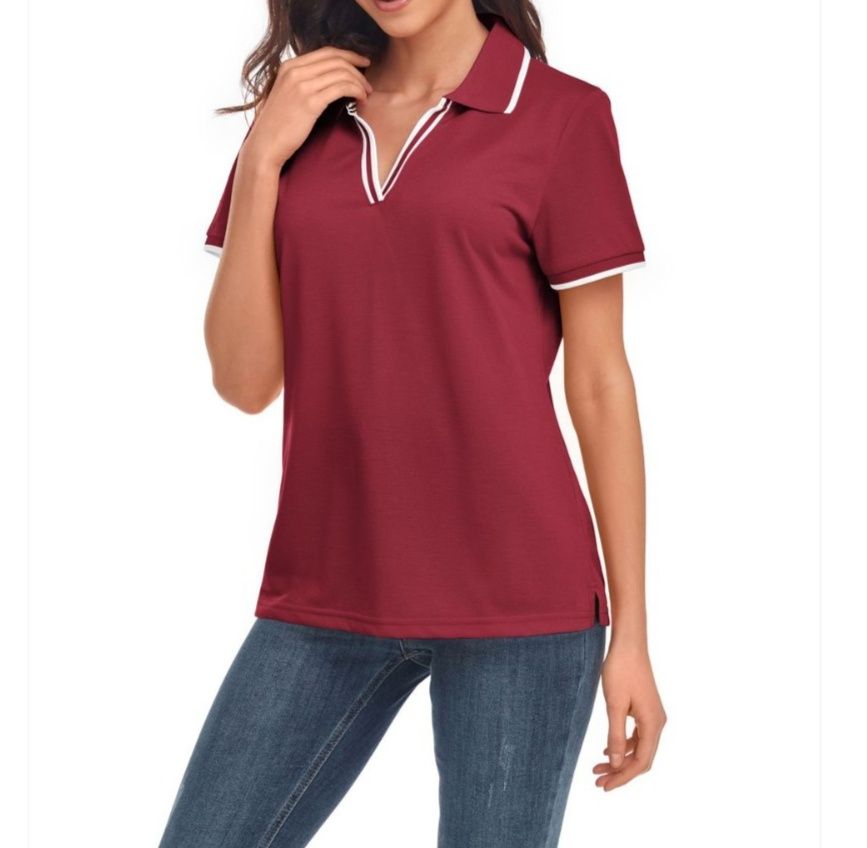 レディース ポロシャツ 配色ラインが映えるスポーティ鹿の子半袖ポロシャツ